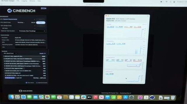 M3 MacBook Air 压力测试出现 114 度的超高温度，有明显的热节流状况