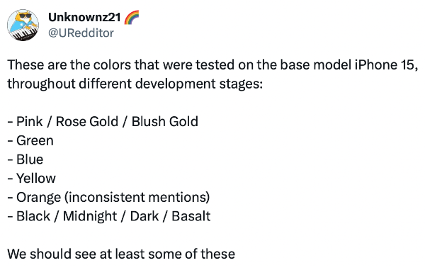 iPhone 15 传新色！有可能会有橙色，且有六色可供选择