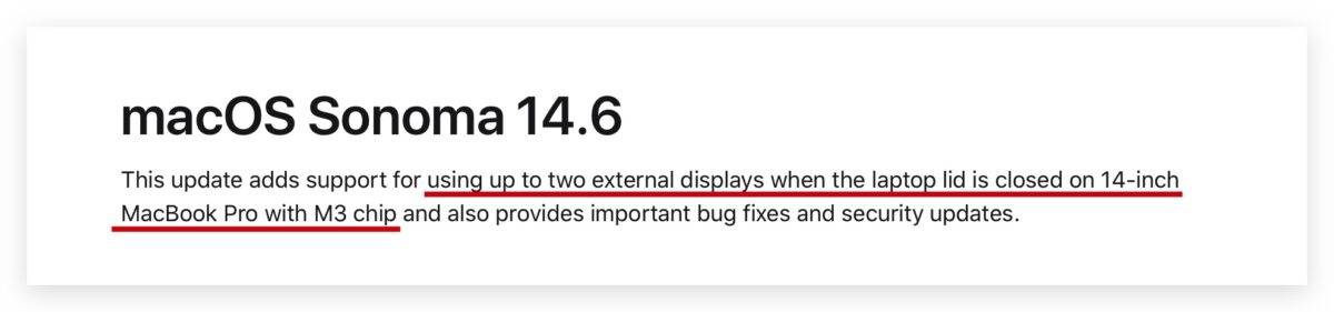 macOS Sonoma 14.6 更新亮点！ M3 MacBook Pro 终于支持阖盖外接双屏幕